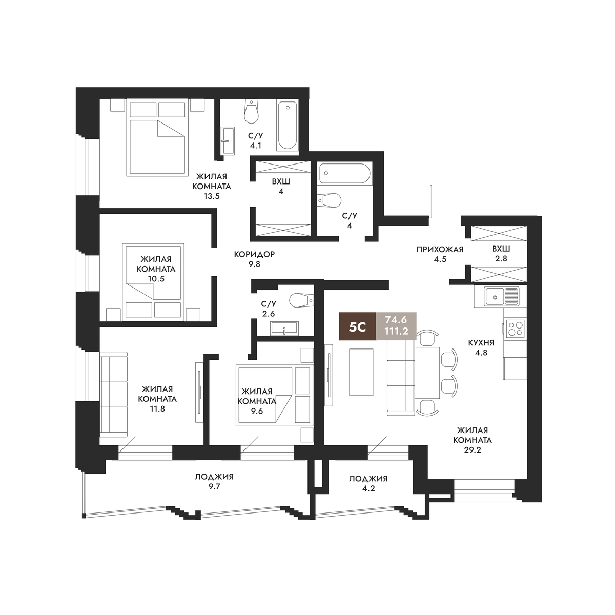 5c-комнатные квартиры